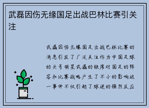 武磊因伤无缘国足出战巴林比赛引关注